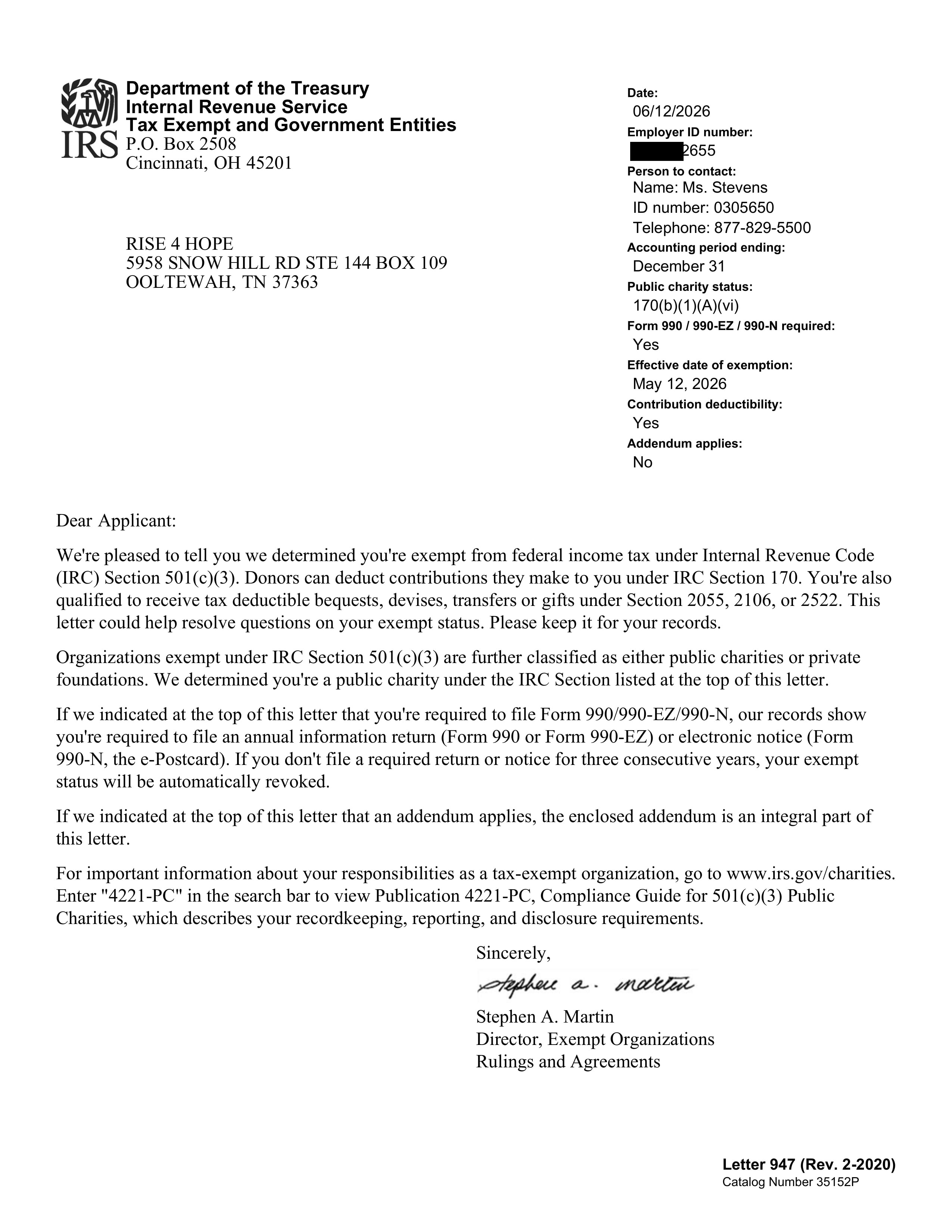 IRS 501(c)(3) determination letter for Rise 4 Hope, confirming tax-exempt status effective May 12, 2026